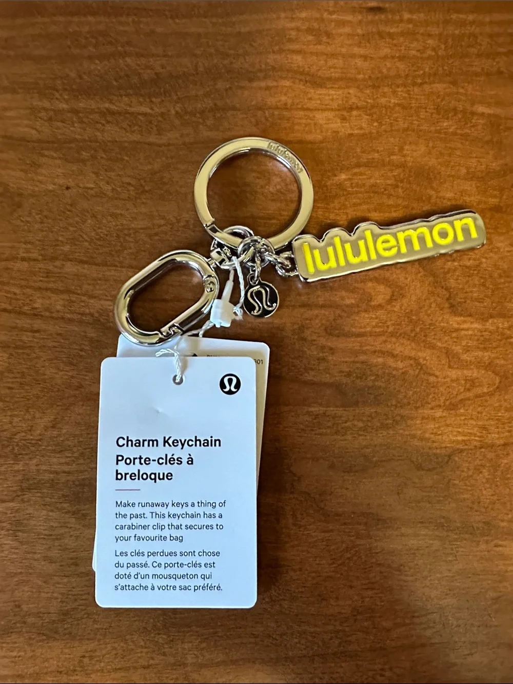 lululemon athletica Yellow Logo Charm Keychain with Silver Hardware NWT